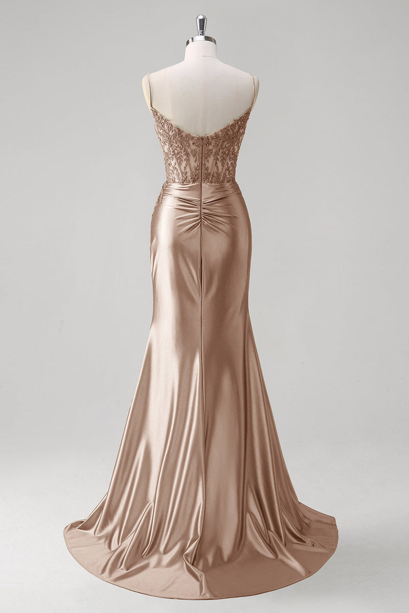 Laden Sie das Bild in den Galerie-Viewer, Grün Meerjungfrau Spaghettiträger Satin Korsett Langes Ballkleid mit Schlitz