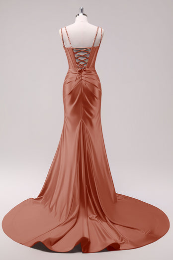 Glitzer Fuchsia Merjungfrau Spaghettiträger Korsett Lange Abendkleid mit Schlitz