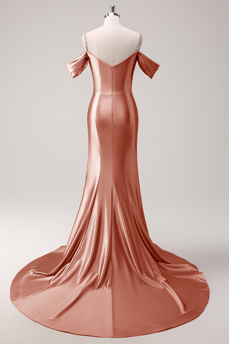 Laden Sie das Bild in den Galerie-Viewer, Glitzer Erröten Satin Schulterfrei Lange Abendkleid