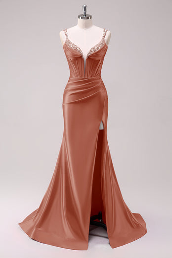 Glitzer Fuchsia Merjungfrau Spaghettiträger Korsett Lange Abendkleid mit Schlitz