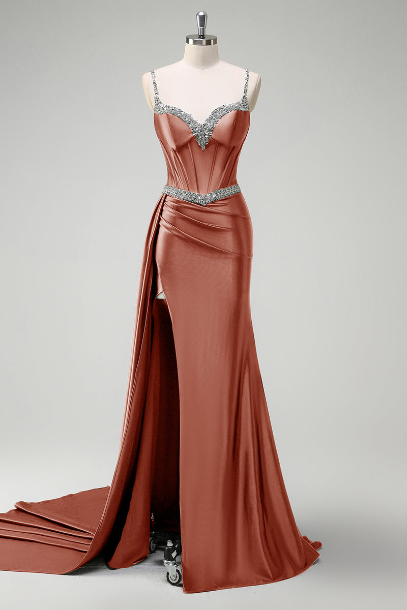 Laden Sie das Bild in den Galerie-Viewer, Glitzer Dunkelgrün Pailletten Spaghettiträger Lange Abendkleid mit Schlitz