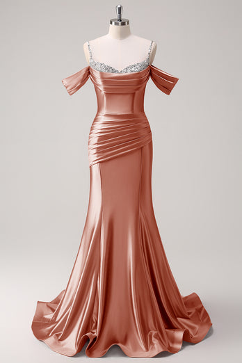 Glitzer Erröten Satin Schulterfrei Lange Abendkleid