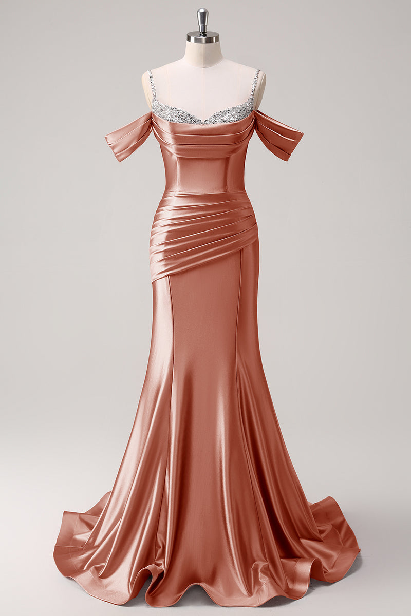 Laden Sie das Bild in den Galerie-Viewer, Glitzer Erröten Satin Schulterfrei Lange Abendkleid