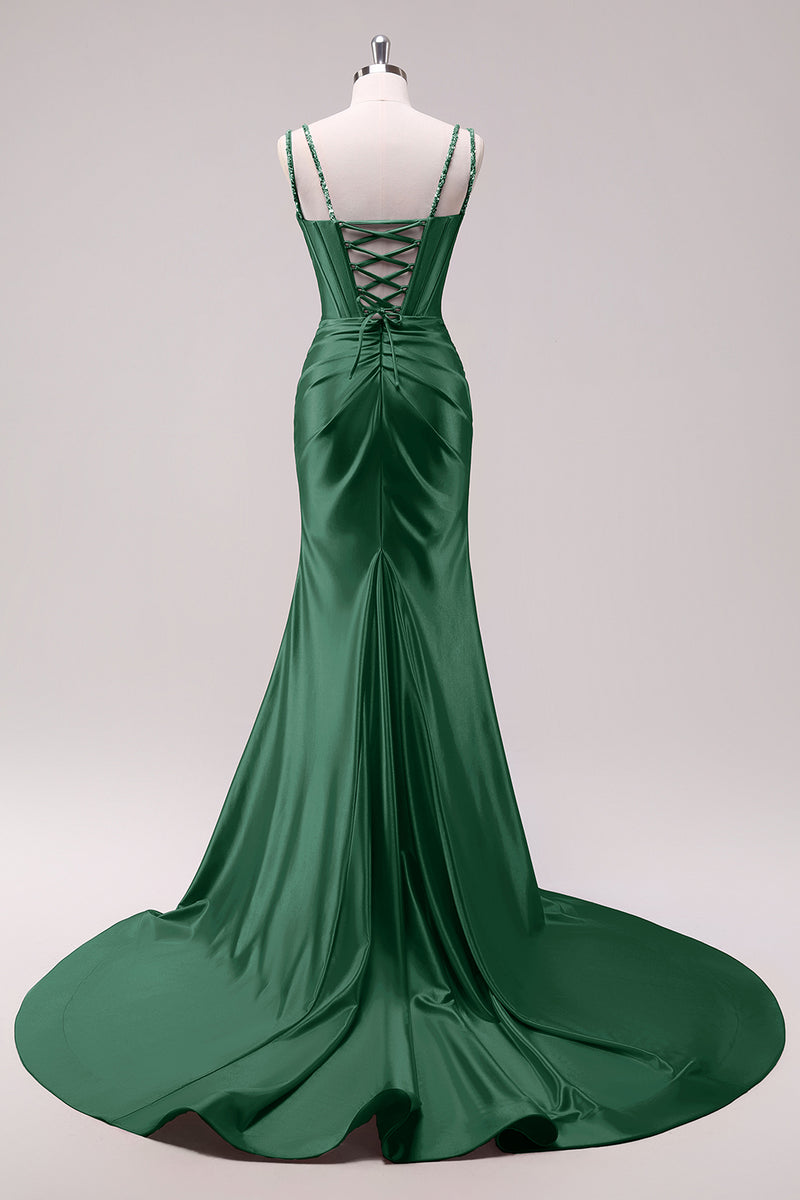 Laden Sie das Bild in den Galerie-Viewer, Glitzer Fuchsia Merjungfrau Spaghettiträger Korsett Lange Abendkleid mit Schlitz