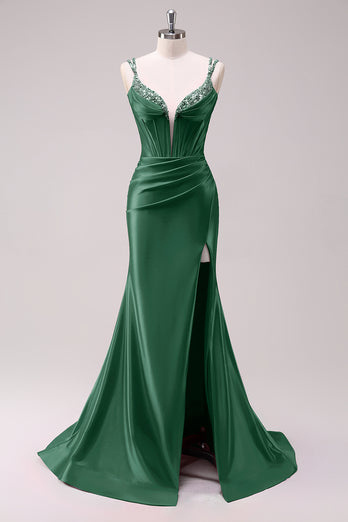 Glitzer Schwarz Korsett Spaghettiträger Lange Abendkleid mit Schlitz
