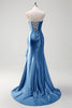 Laden Sie das Bild in den Galerie-Viewer, Glitzer Schwarz Korsett Satin Lange Abendkleid mit Rüschen Schlitz