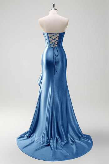 Glitzer Schwarz Korsett Satin Lange Abendkleid mit Rüschen Schlitz