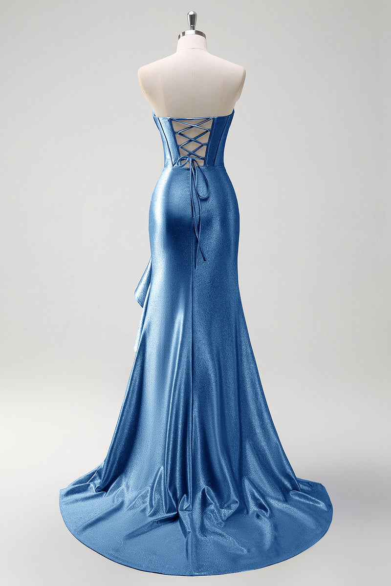 Laden Sie das Bild in den Galerie-Viewer, Glitzer Schwarz Korsett Satin Lange Abendkleid mit Rüschen Schlitz