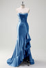 Laden Sie das Bild in den Galerie-Viewer, Glitzer Schwarz Korsett Satin Lange Abendkleid mit Rüschen Schlitz