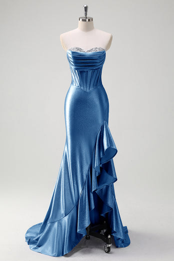 Glitzer Schwarz Korsett Satin Lange Abendkleid mit Rüschen Schlitz