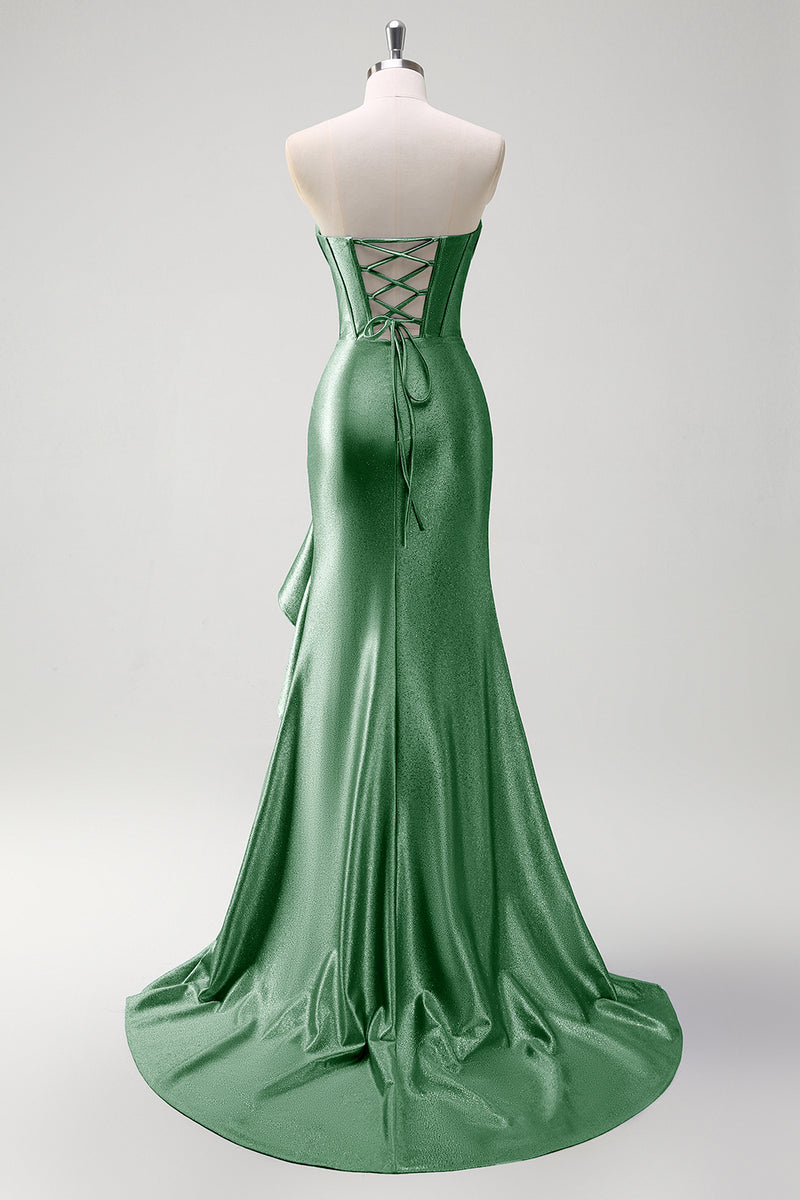 Laden Sie das Bild in den Galerie-Viewer, Glitzer Schwarz Korsett Satin Lange Abendkleid mit Rüschen Schlitz