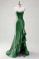 Laden Sie das Bild in den Galerie-Viewer, Glitzer Schwarz Korsett Satin Lange Abendkleid mit Rüschen Schlitz