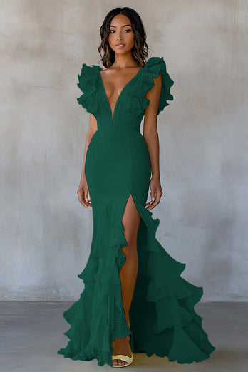 Gelb Chiffon Meerjungfrau Rüschen Lange Formelle Kleid mit Schlitz