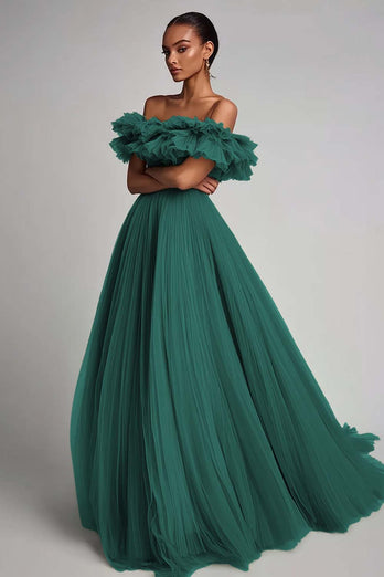 Salbeigrün Tüll A Linie Lange Formelle Kleid mit Rüschen