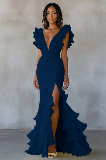 Gelb Chiffon Meerjungfrau Rüschen Lange Formelle Kleid mit Schlitz