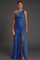 Laden Sie das Bild in den Galerie-Viewer, One schulter Gold Etuikleid Gerafft Langes Abendkleid mit Schlitz