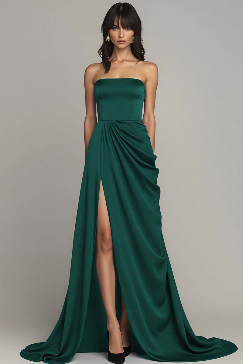 Laden Sie das Bild in den Galerie-Viewer, Schwarz Trägerlos Satin A Linie Lange Formelle Kleid mit Schlitz