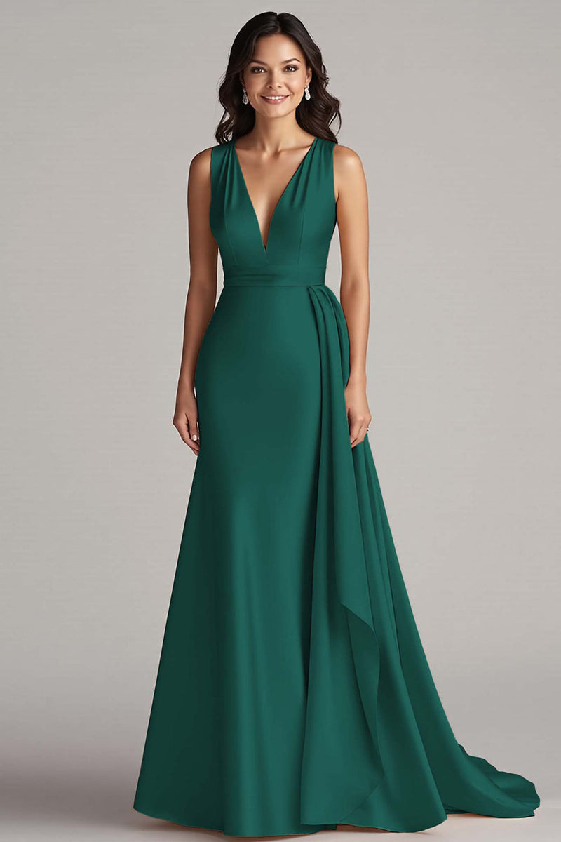 Laden Sie das Bild in den Galerie-Viewer, Champagner V Ausschnitt Meerjungfrau Satin Lange Formelle Kleid