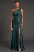Laden Sie das Bild in den Galerie-Viewer, One schulter Gold Etuikleid Gerafft Langes Abendkleid mit Schlitz