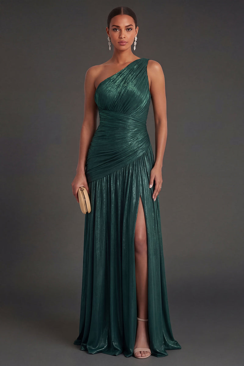 Laden Sie das Bild in den Galerie-Viewer, One schulter Gold Etuikleid Gerafft Langes Abendkleid mit Schlitz