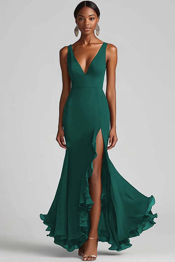 Schwarz Chiffon Meerjungfrau V Ausschnitt Lange Formelle Kleid mit Schlitz