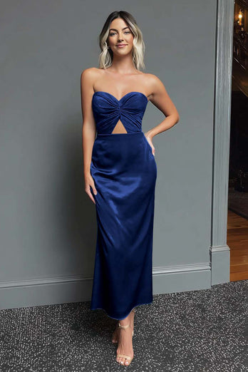 Dunkelblau Schatz Etui Satin Maxi Formelle Kleid