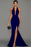 Laden Sie das Bild in den Galerie-Viewer, Elegant Schwarz Meerjungfrau Satin Neckholder Maxi Abendkleid mit Schlitz