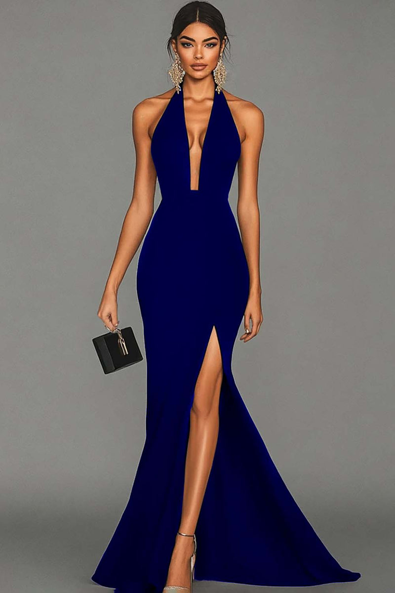 Laden Sie das Bild in den Galerie-Viewer, Elegant Schwarz Meerjungfrau Satin Neckholder Maxi Abendkleid mit Schlitz