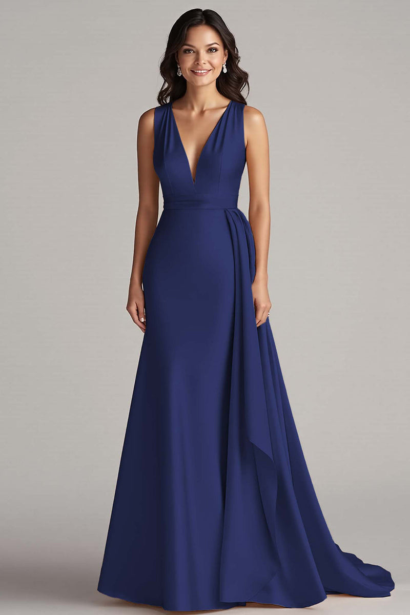 Laden Sie das Bild in den Galerie-Viewer, Champagner V Ausschnitt Meerjungfrau Satin Lange Formelle Kleid