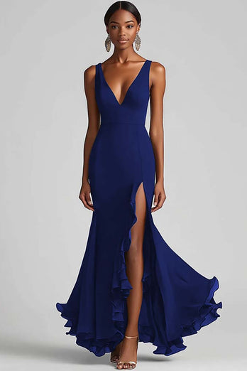 Schwarz Chiffon Meerjungfrau V Ausschnitt Lange Formelle Kleid mit Schlitz