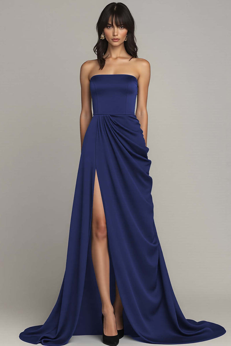 Laden Sie das Bild in den Galerie-Viewer, Schwarz Trägerlos Satin A Linie Lange Formelle Kleid mit Schlitz
