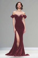 Laden Sie das Bild in den Galerie-Viewer, Burgund Samt Meerjungfrau Langes Festliches Kleid mit Perlenbesatz