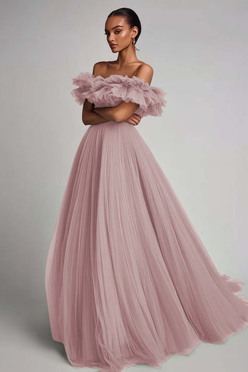 Salbeigrün Tüll A Linie Lange Formelle Kleid mit Rüschen