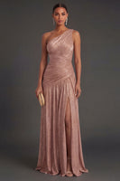 Laden Sie das Bild in den Galerie-Viewer, One schulter Gold Etuikleid Gerafft Langes Abendkleid mit Schlitz