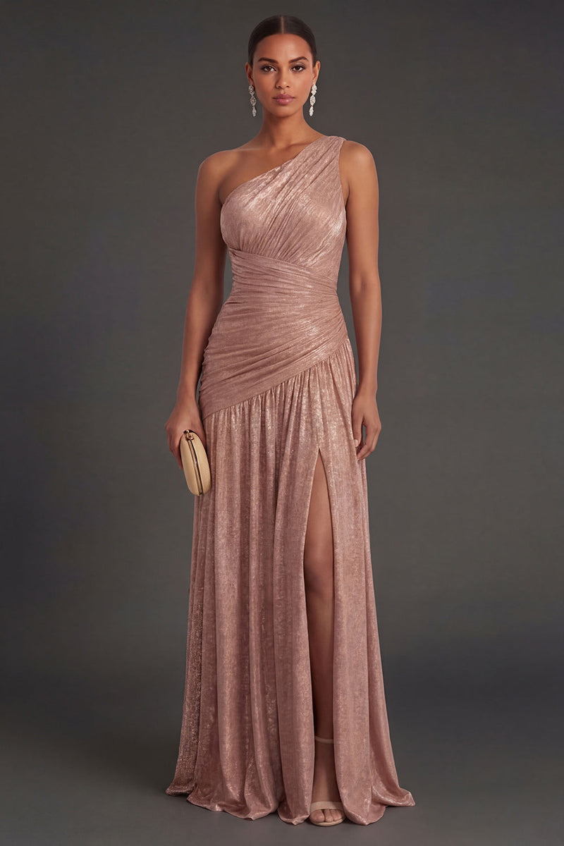 Laden Sie das Bild in den Galerie-Viewer, One schulter Gold Etuikleid Gerafft Langes Abendkleid mit Schlitz