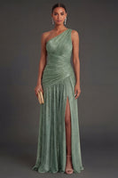 Laden Sie das Bild in den Galerie-Viewer, One schulter Gold Etuikleid Gerafft Langes Abendkleid mit Schlitz