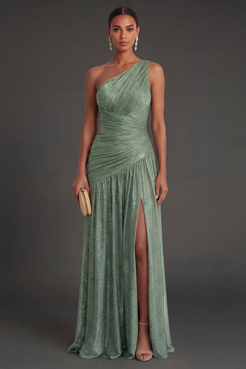 Laden Sie das Bild in den Galerie-Viewer, One schulter Gold Etuikleid Gerafft Langes Abendkleid mit Schlitz