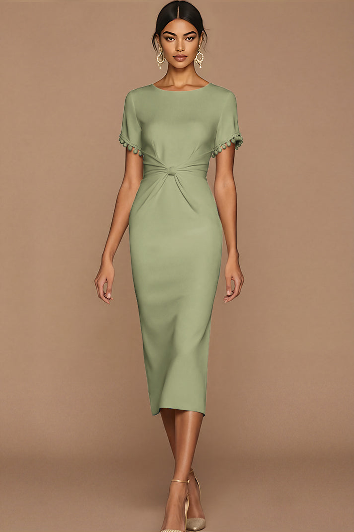 Laden Sie das Bild in den Galerie-Viewer, Weiß Bodycon Juwelenausschnitt Midi Standesamt Kleid mit Ärmel