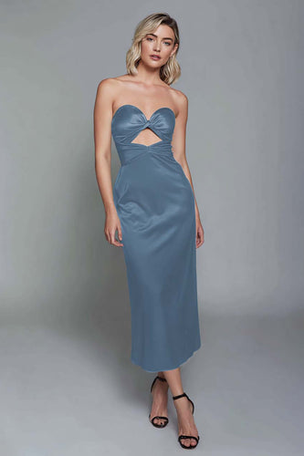 Staubblau Schatz Etui Cut Out Satin Knöchellänge Formelle Kleid