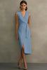 Laden Sie das Bild in den Galerie-Viewer, Weiß Bodycon Satin V Ausschnitt Mid Calf Semi Formelle Kleid mit Schlitz