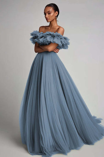 Salbeigrün Tüll A Linie Lange Formelle Kleid mit Rüschen