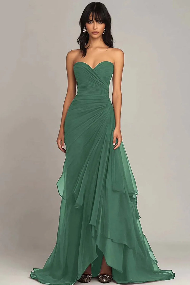 Laden Sie das Bild in den Galerie-Viewer, Schwarze Herzhals Chiffon Gestaffelt Langes Abendkleid