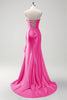 Laden Sie das Bild in den Galerie-Viewer, Glitzer Schwarz Korsett Satin Lange Abendkleid mit Rüschen Schlitz