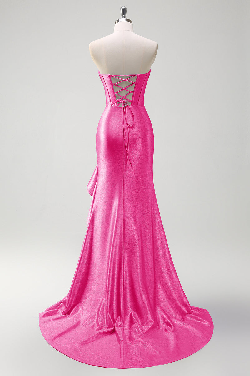 Laden Sie das Bild in den Galerie-Viewer, Glitzer Schwarz Korsett Satin Lange Abendkleid mit Rüschen Schlitz