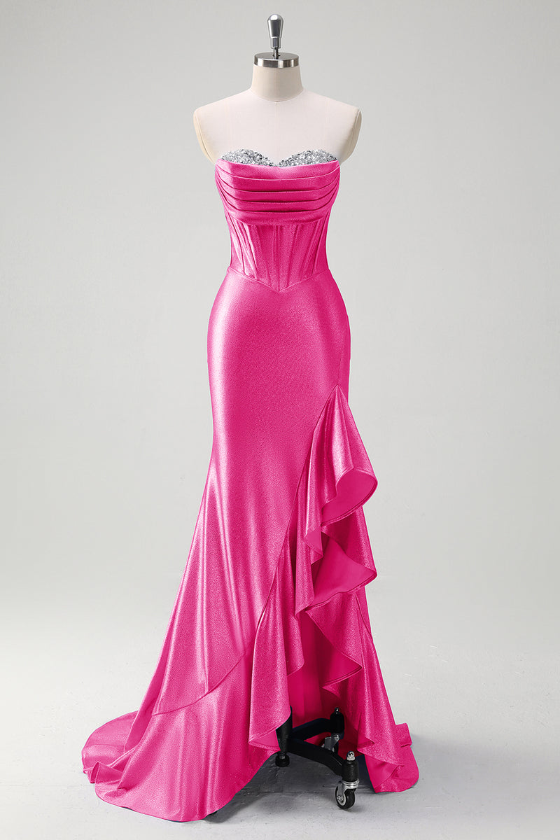 Laden Sie das Bild in den Galerie-Viewer, Glitzer Schwarz Korsett Satin Lange Abendkleid mit Rüschen Schlitz