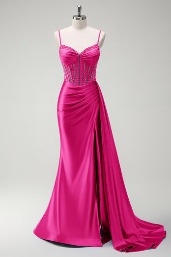 Glitzer Lila Korsett Meerjungfrau Lange Satin Abendkleid mit Schlitz