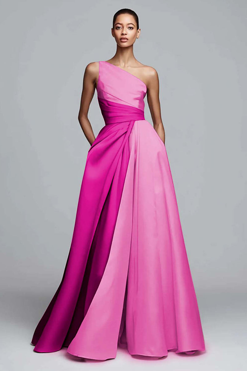 Laden Sie das Bild in den Galerie-Viewer, Rosa Satin One schulter A-Linien Maxi Abendkleid
