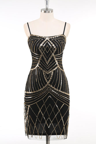 Schwarz Gold Bodycon Spaghettiträger Pailletten 20er Jahre Kleid