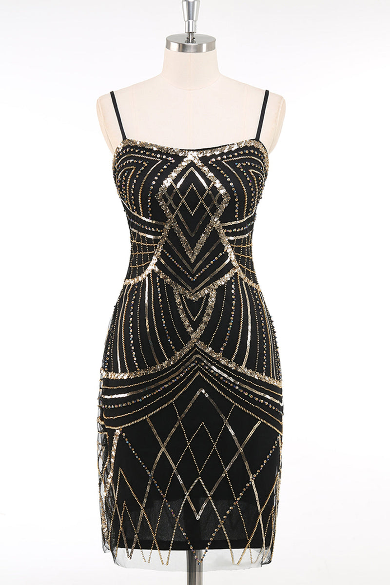 Laden Sie das Bild in den Galerie-Viewer, Schwarz Gold Bodycon Spaghettiträger Pailletten 20er Jahre Kleid