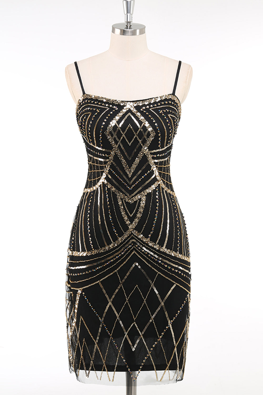 Schwarz Gold Bodycon Spaghettiträger Pailletten 20er Jahre Kleid